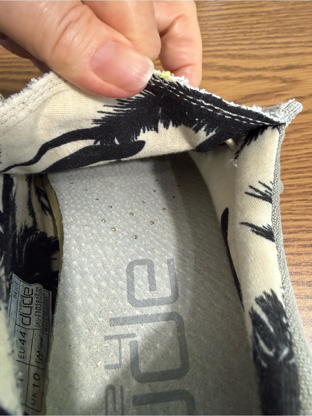 Hey Dude Wally Stretch size 11, outer gray. Inside Black Palm Trees on Beige - Picture 11 of 11